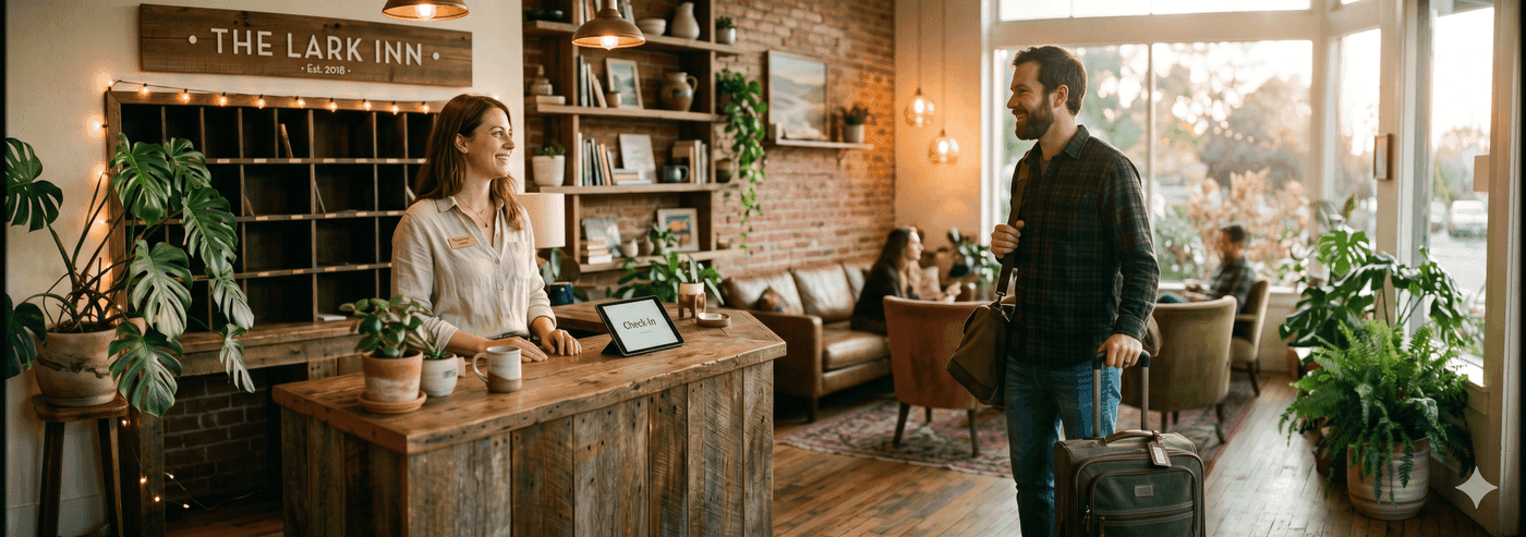 Warm boutique hotel lobby at golden hour with a front-desk host welcoming a guest