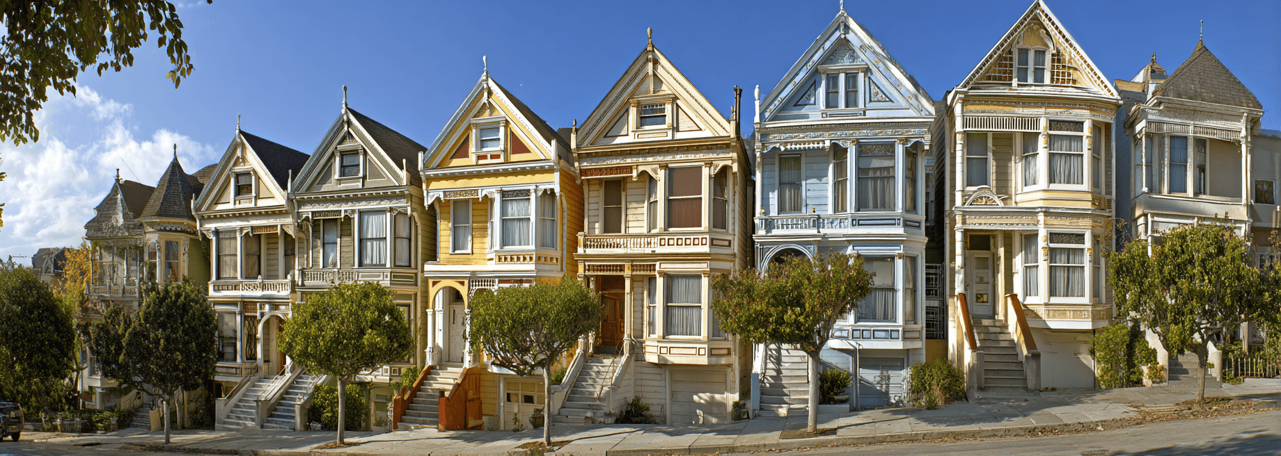 Row of Bay Area Victorian and Craftsman homes in warm natural light