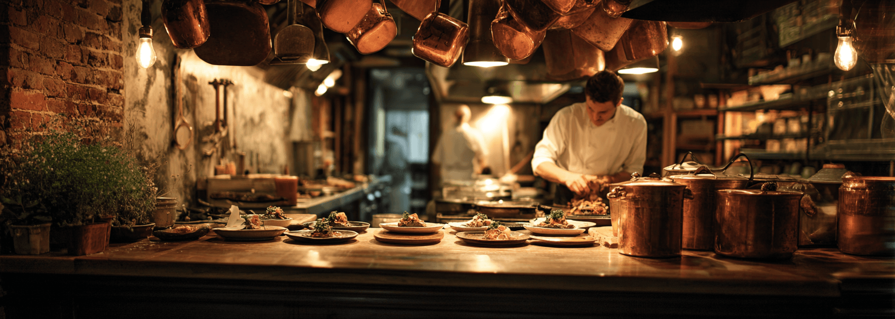 Warm restaurant kitchen with chef plating food under golden lighting