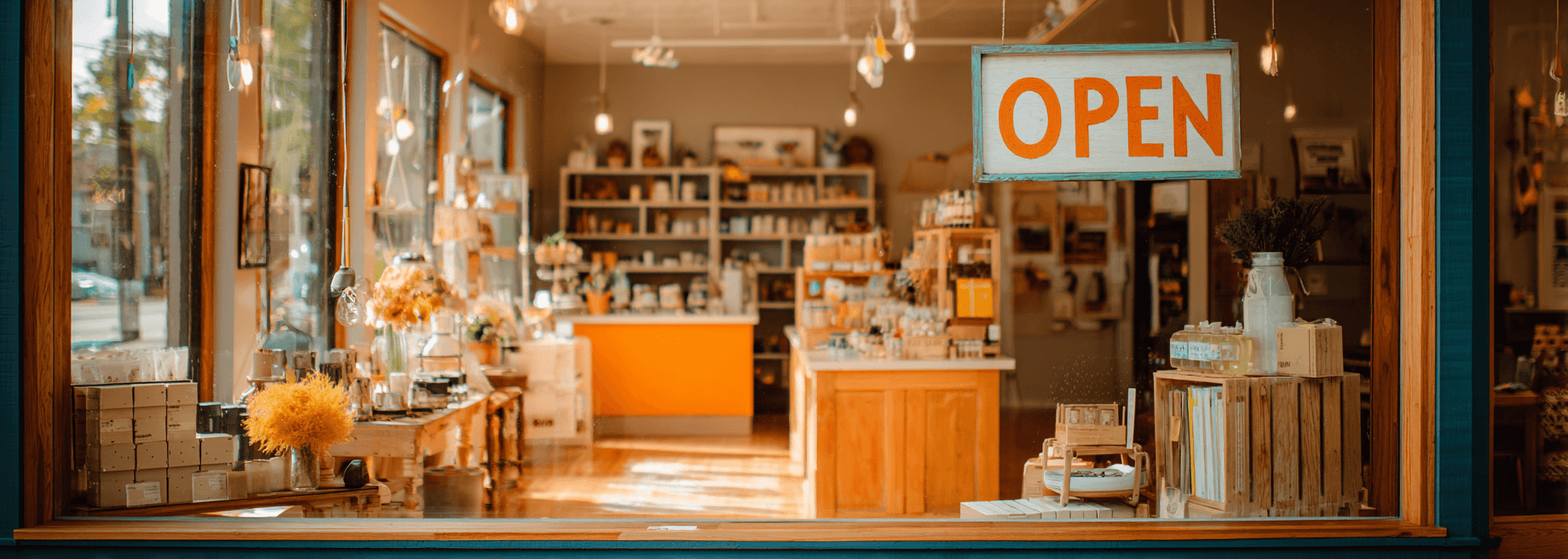 Boutique retail storefront with warm, inviting entrance and Open sign